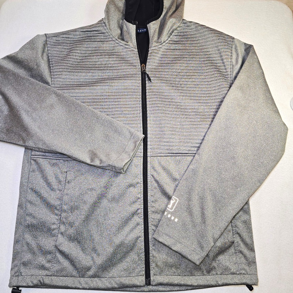 PGA Tour Men M Gray Textured Full Zip Golf Hooded Jacket Fleece Warm Logo Layer